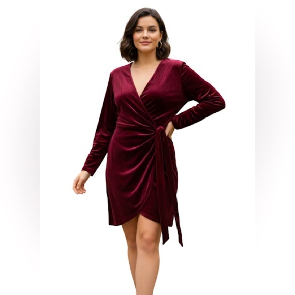ASOS Design Maroon Burgundy Velvet Drape Long Sleeve Faux Wrap Mini Dress 4 - Picture 1 of 7